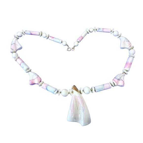 VTG Chunky Marbleized Pastel Painted Ceramic Statement Necklace l Length: 27" - Picture 1 of 11